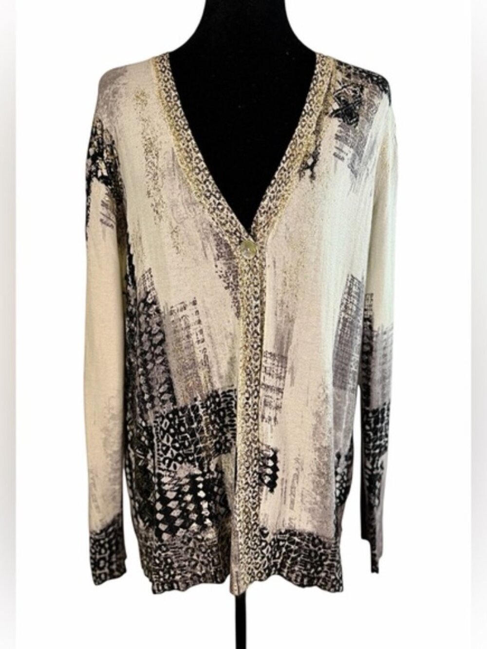 Chico’s Abstract Animal Print Cardigan Metallic Trim Size 2 L - Picture 2 of 9